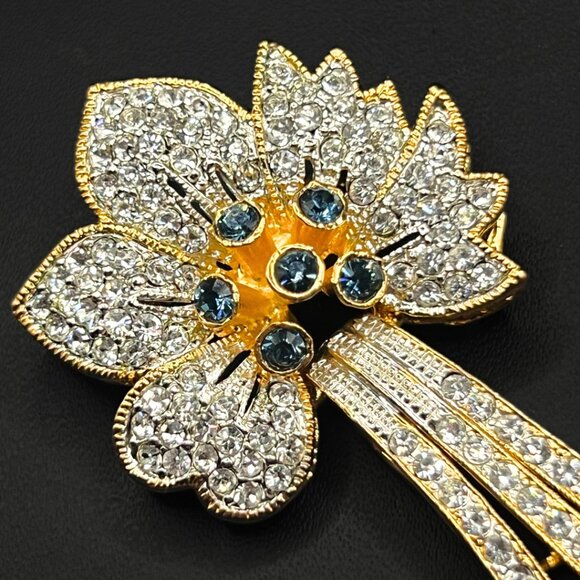 Vintage Flower Brooch Faux Blue Sapphire and Swarovski 18K Elec. Designer Signed - Picture 4 of 9